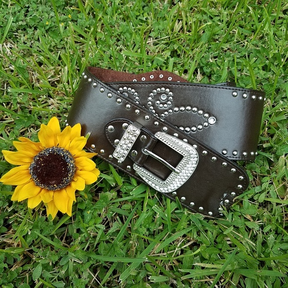 Leather belt with rhinestones sz. M/L - Picture 1 of 12